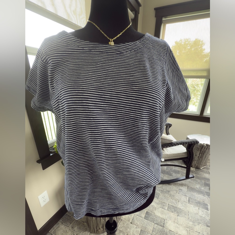 Lands' End Navy and White Stripe Plus Size Short Sleeve Slub Wedge T-Shirt